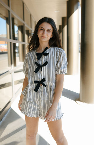 Stripe Ruffle Bow Top, Black