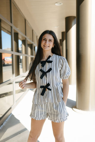 Stripe Ruffle Bow Top, Black