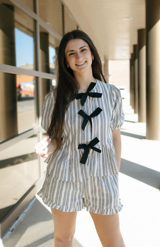 Stripe Ruffle Bow Top, Black