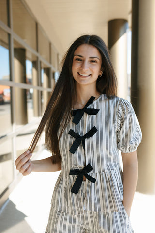 Stripe Ruffle Bow Top, Black
