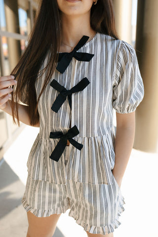 Stripe Ruffle Bow Top, Black