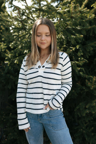 Stripe Eyelet Knit Top, Navy