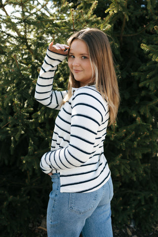 Stripe Eyelet Knit Top, Navy