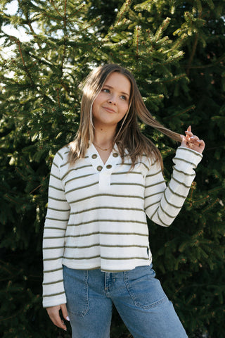 Stripe Eyelet Knit Top, Olive