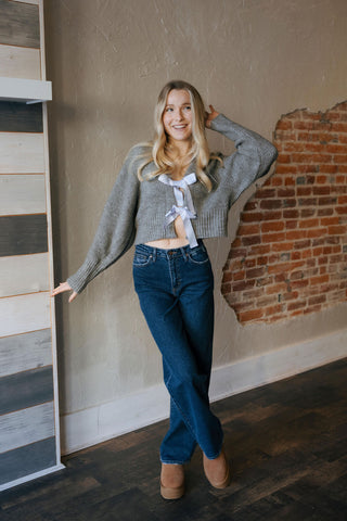 Tie Front Cardigan, Grey/Silver Blue *final sale