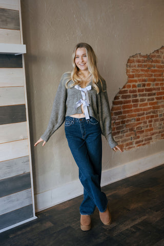 Tie Front Cardigan, Grey/Silver Blue *final sale
