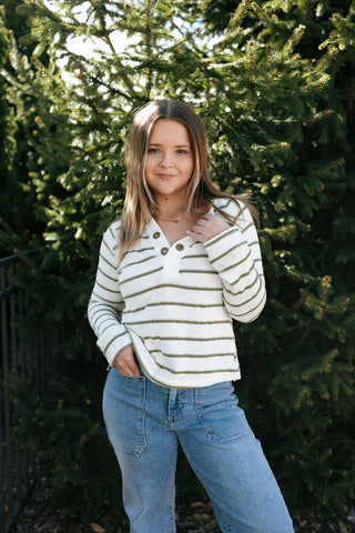 Stripe Eyelet Knit Top, Olive