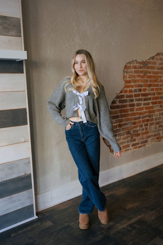 Tie Front Cardigan, Grey/Silver Blue *final sale
