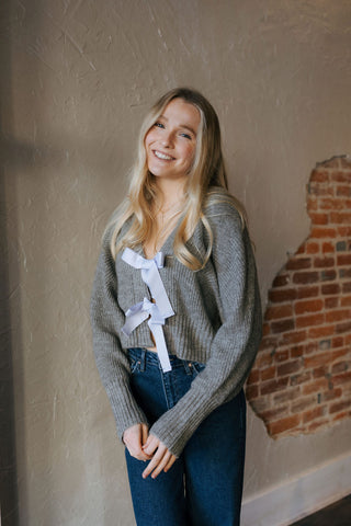 Tie Front Cardigan, Grey/Silver Blue *final sale