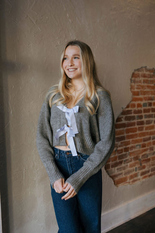 Tie Front Cardigan, Grey/Silver Blue *final sale
