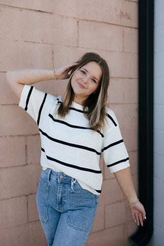 Viola Sweater, Ivory Black Stripe