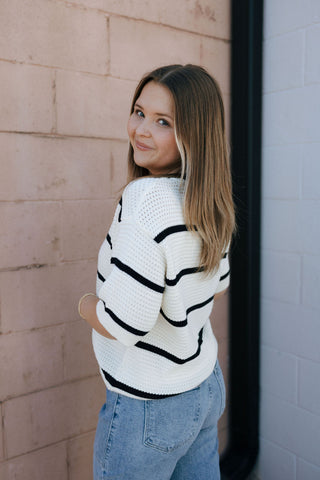 Viola Sweater, Ivory Black Stripe