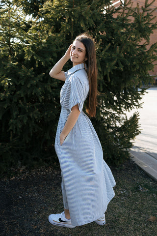Stripe Button Down Dress, Blue
