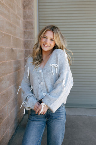 Bow Button Down Cardigan, H Grey