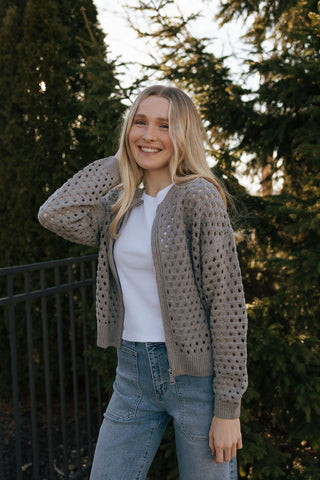 Crochet Zip Cardigan, Gray