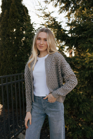 Crochet Zip Cardigan, Gray