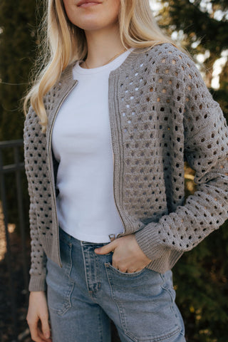 Crochet Zip Cardigan, Gray