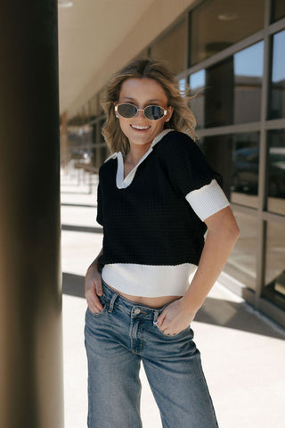 Quarter Sleeve Sweater, Black/White