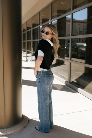 Quarter Sleeve Sweater, Black/White