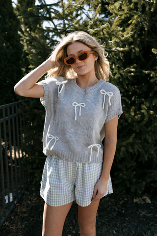 Bow Short Sleeve Sweater Top, Gray