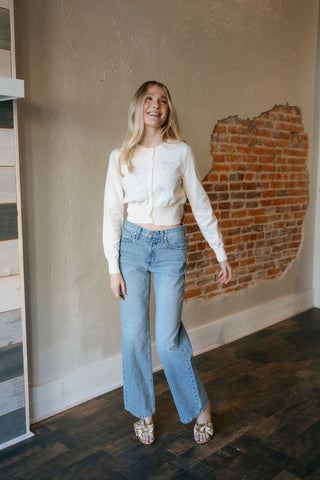 Bow Embroidered Cardigan, Off White *final sale