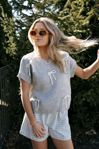 Bow Short Sleeve Sweater Top, Gray