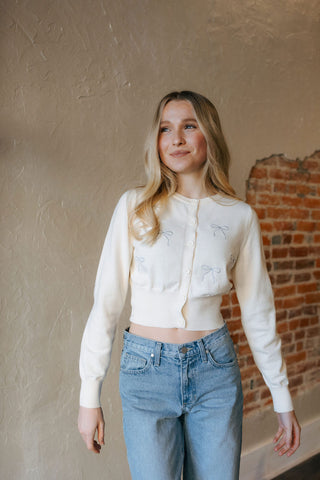 Bow Embroidered Cardigan, Off White *final sale
