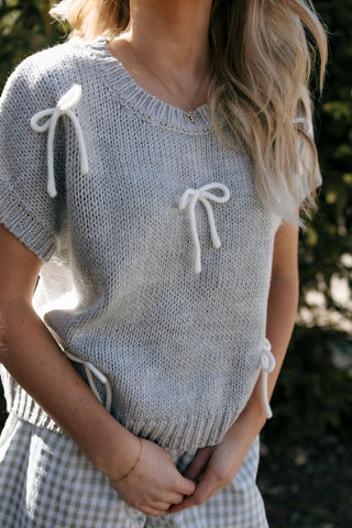 Bow Short Sleeve Sweater Top, Gray