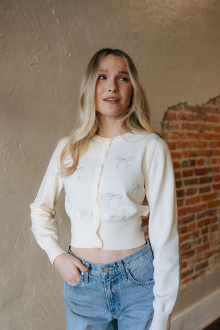 Bow Embroidered Cardigan, Off White *final sale