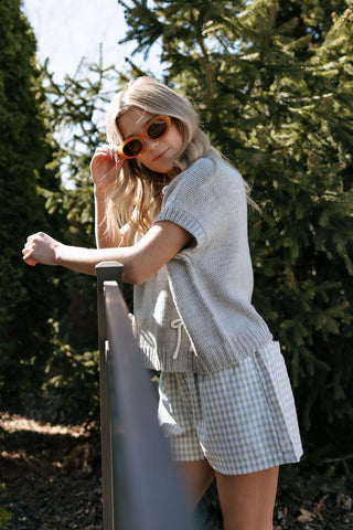 Bow Short Sleeve Sweater Top, Gray