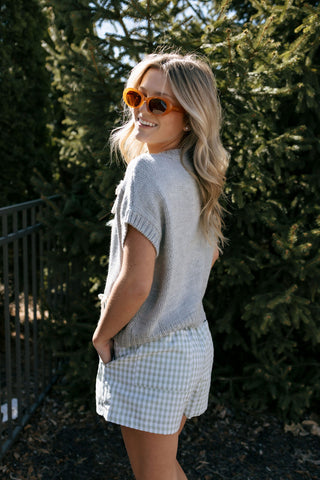 Bow Short Sleeve Sweater Top, Gray