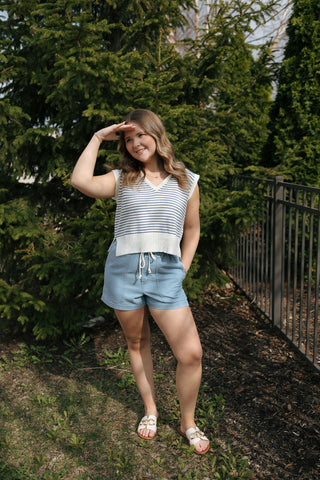 Stripe Collar Knit Top, Blue