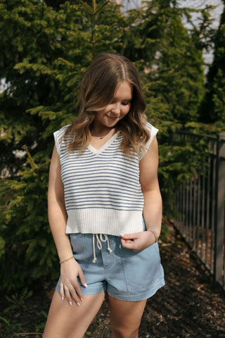 Stripe Collar Knit Top, Blue