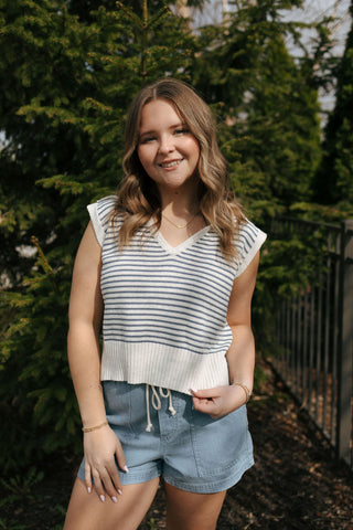 Stripe Collar Knit Top, Blue