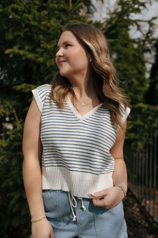 Stripe Collar Knit Top, Blue