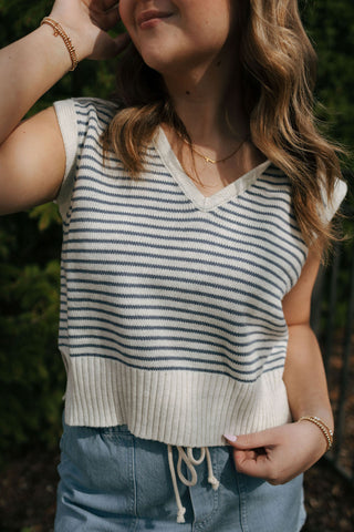 Stripe Collar Knit Top, Blue