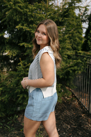 Stripe Collar Knit Top, Blue