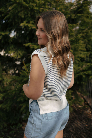 Stripe Collar Knit Top, Blue