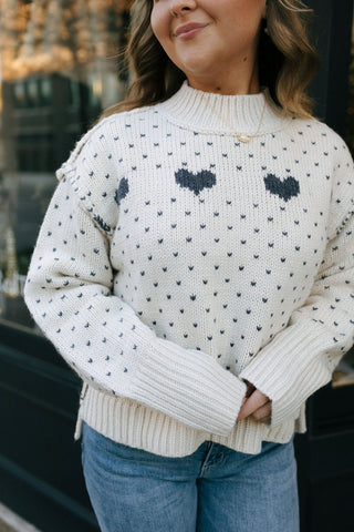 Heart Pattern Sweater, Cream/Blue *final sale