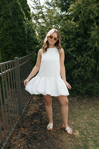 Mini Bubble Hem Dress, White
