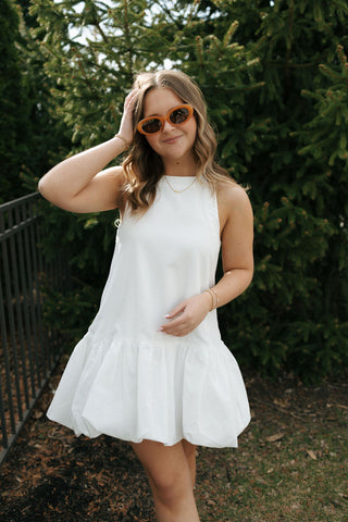 Mini Bubble Hem Dress, White