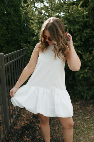Mini Bubble Hem Dress, White
