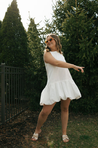 Mini Bubble Hem Dress, White
