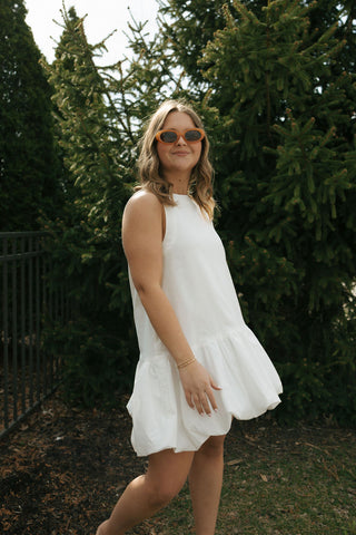 Mini Bubble Hem Dress, White
