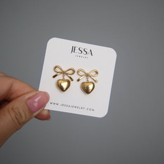 Bow Heart Earrings | Dangle Earrings - The Red Thread Boutique