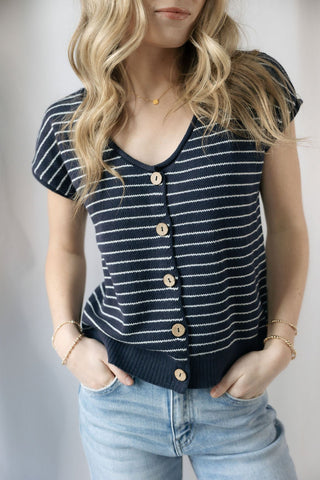 Carly Stripe Button Sweater, Navy - The Red Thread Boutique