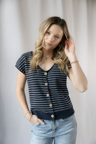 Carly Stripe Button Sweater, Navy - The Red Thread Boutique
