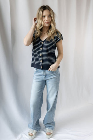 Carly Stripe Button Sweater, Navy - The Red Thread Boutique