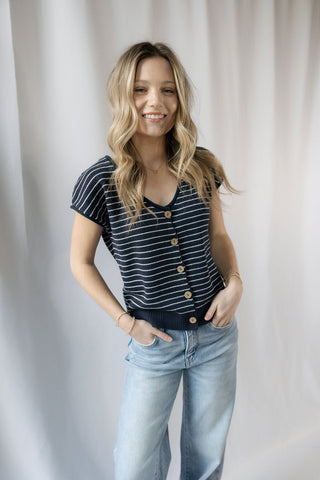Carly Stripe Button Sweater, Navy - The Red Thread Boutique