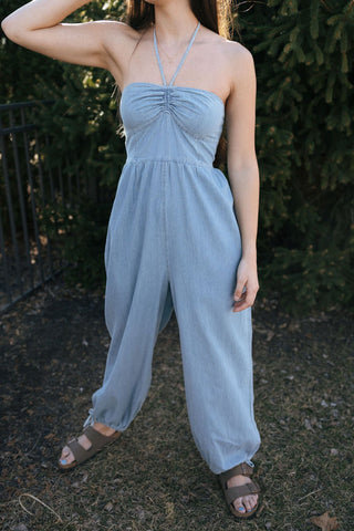Chambray Halter Jumpsuit *final sale - The Red Thread Boutique
